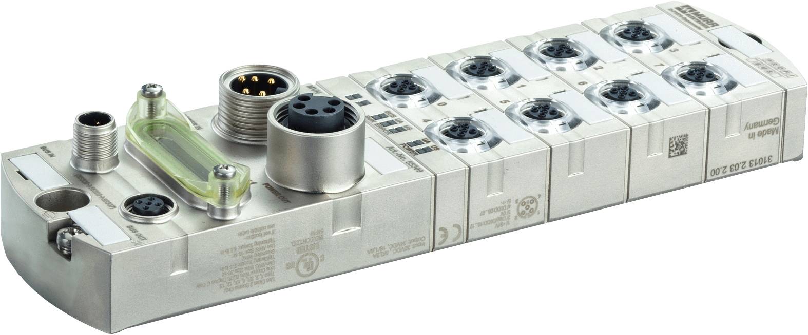 Ein rechteckiges, silbernes elektronisches Modul mit mehreren Anschlüssen, Steckplätzen und Kabelverbindungen für industrielle Anwendungen.