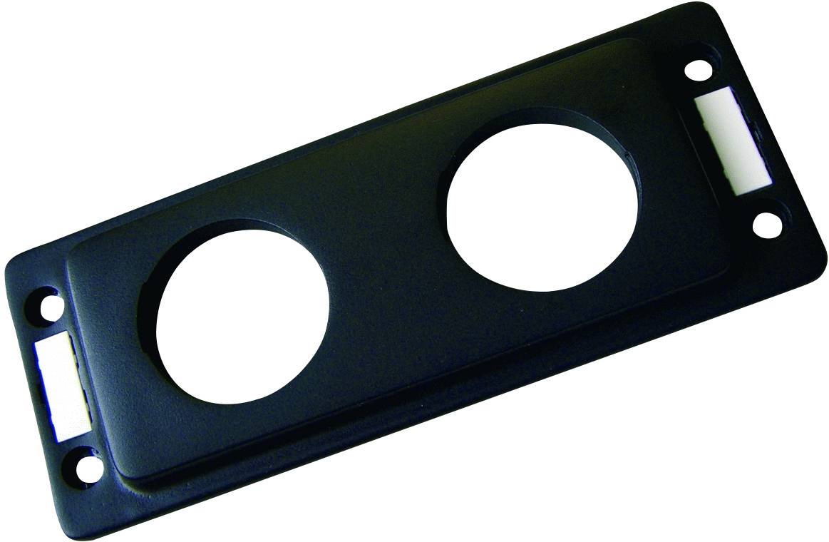 Rechteckige schwarze Kunststoffplatte mit zwei runden Ausschnitten, möglicherweise für Schalter oder Steckdosen geeignet.