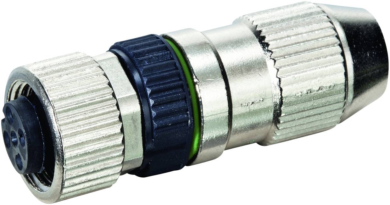 Ein fünfpinniger, metallischer M12-Sensorstecker mit Kunststoffelementen, geeignet für industrielle Verbindungen und Anwendungen.