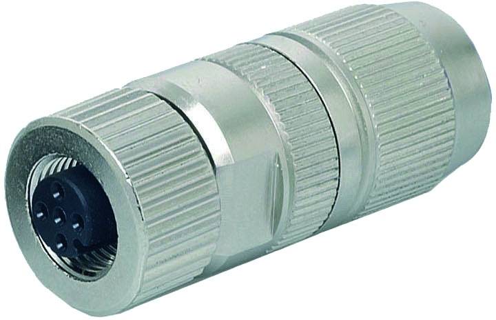 Metall-Steckverbinder mit geriffelter Oberfläche und fünf Pins innen. Geeignet für elektrische Verbindungen in technischen Geräten.