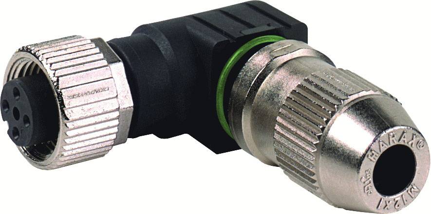 Metall-Stecker mit Winkeladapter und grünem Dichtring, verwendet für industrielle oder elektronische Verbindungen.