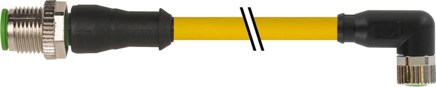 Steckverbinder und Kabel mit rechtwinkligem Anschluss, hauptsächlich in Gelb und Schwarz gehalten, metallische und Kunststoffelemente.