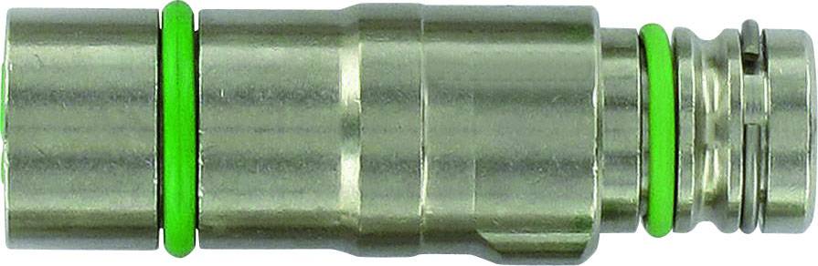 Metallische Wasseranschlusskupplung mit grünen Dichtungsringen.