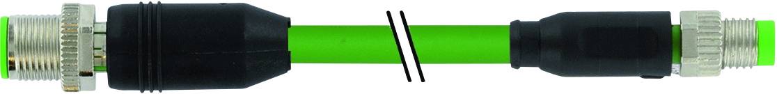 Grüne Kabelverbindung mit zwei schwarzen Schutzkappen an den Enden, getrennt durch eine Diagonallinie in der Mitte.