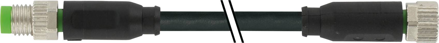 Ein schwarzes Kabel mit grünen und silbernen Steckverbindern an den Enden, getrennt durch eine diagonale Linie.