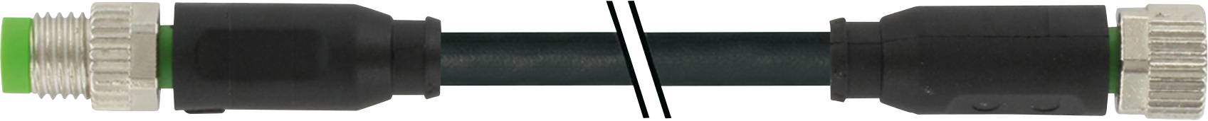 Ein schwarzes Kabel mit grünen und metallischen Enden, beide mit Verbindungsstücken, horizontal angeordnet.