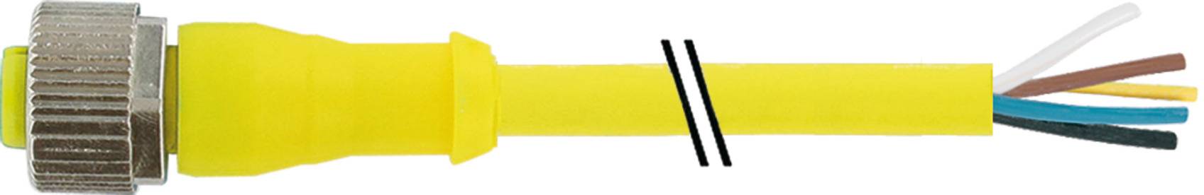 Ein gelbes Kabel mit Metallabschluss links und freiliegenden, unterschiedlich farbigen Drähten rechts.