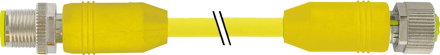 Ein gelbes Verbindungskabel mit Steckern an beiden Enden, das zwei Geräte verbindet oder zur Stromversorgung dient.