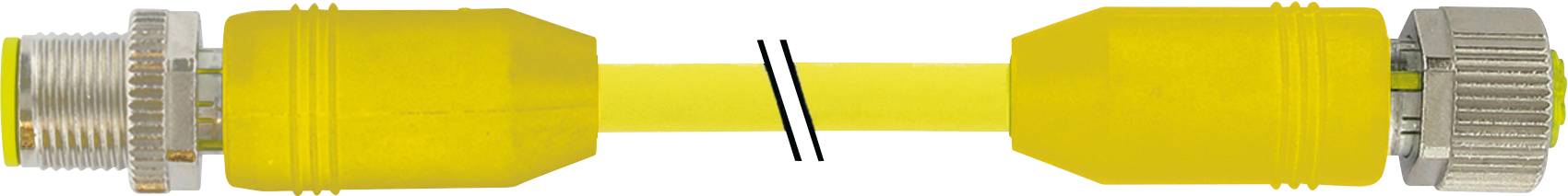 Gelbes Kabel mit Steckverbindern an beiden Enden, links mit Metallgewinde, rechts mit Kunststoffkappe, isoliert durch schwarze Linie.
