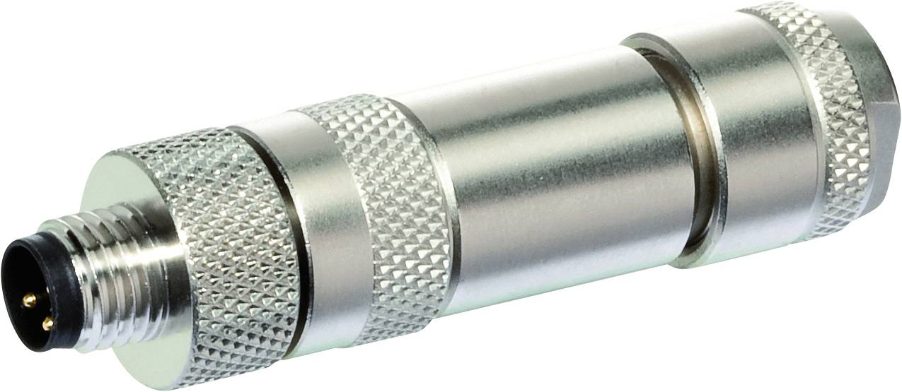 Ein silberner Steckverbinder mit geriffelter Oberfläche und rundem Anschlussende, typischerweise für industrielle Anwendungen.
