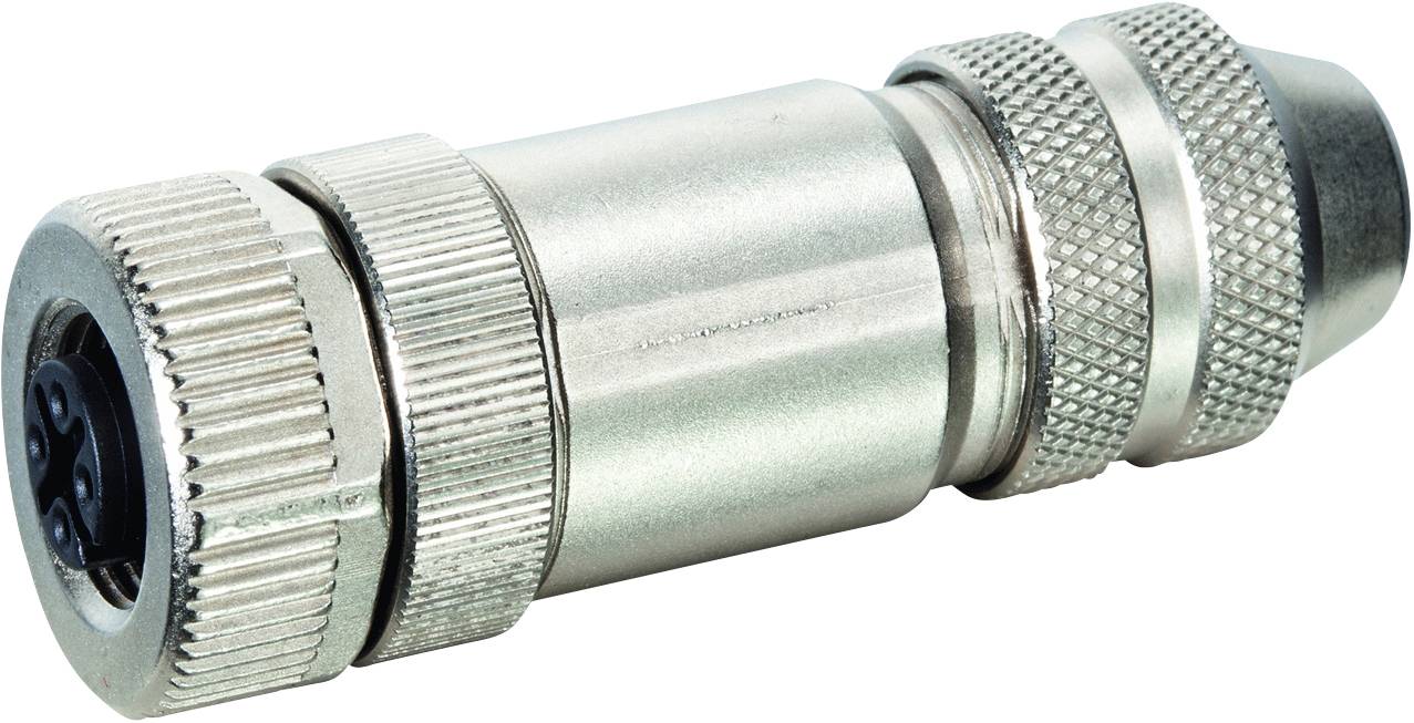 Ein silberner, metallischer Steckverbinder mit geriffelter Oberfläche und mehreren Gewinden, geeignet für industrielle Anwendungen.