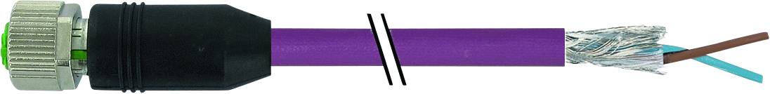 Ein lilafarbener Industriekabel endet rechts in freiliegenden Drahtsträngen, die Isolierung wurde teilweise entfernt.