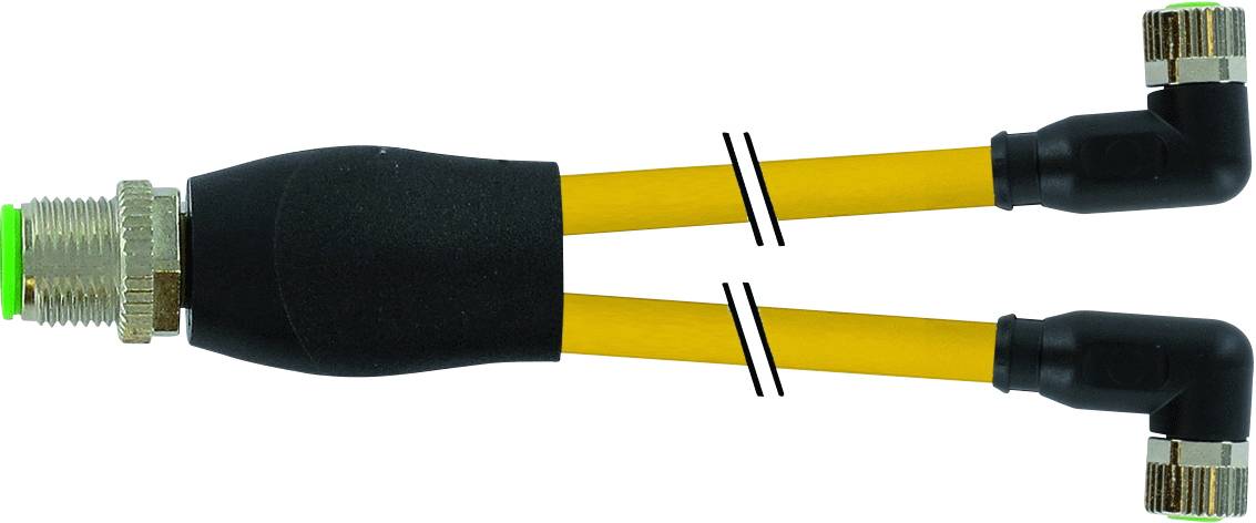 Ein elektrisches Kabel teilt sich in zwei gelbe Kabel mit je einem abgewinkelten Anschluss am Ende.