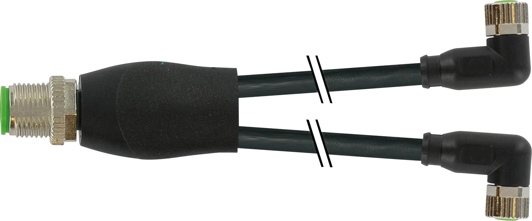 Ein schwarzes Y-Kabel mit einem Metallstecker links und zwei gewinkelten Steckverbindern rechts. Ideal für sichere elektrische Verbindungen.
