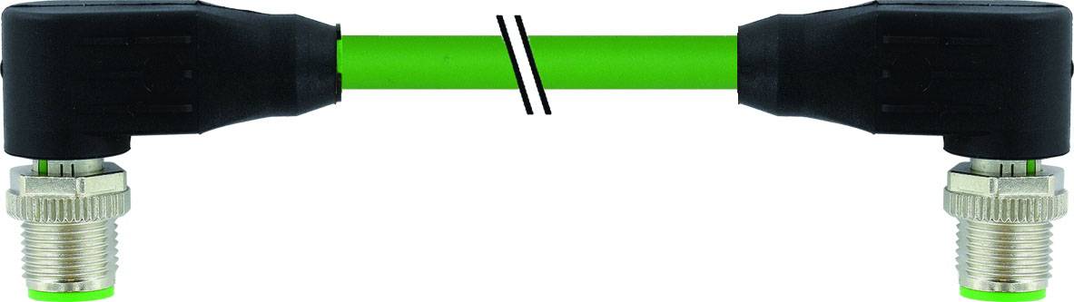 Grünes, unterbrochenes Kabel mit schwarzen Steckern an beiden Enden, verbunden durch metallische Schraubanschlüsse.