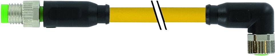 Ein L-förmiger Adapterkabel mit gelbem Mittelstück und schwarzem Stecker an beiden Enden, einer davon im rechten Winkel.