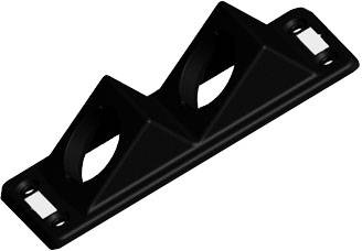 Schwarzes Kunststoff-Doppellochhalterungsteil mit zwei dreieckigen Erhebungen und Befestigungsstellen an den Enden.