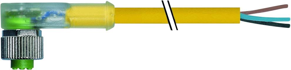 Eine Nahaufnahme eines Kunststoffkabels mit durchsichtigen Anschlüssen und drei hervorstehenden Drähten in verschiedenen Farben.