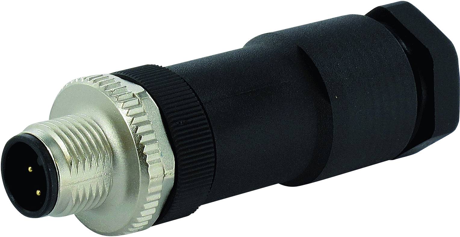 Ein schwarzer zylindrischer Stecker mit einer Metallklappe und drei sichtbaren Pins, geeignet für industrielle Anschlussanwendungen.