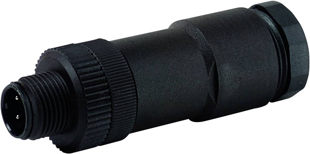 Schwarzer elektronischer Steckverbinder mit zylindrischer Form, gerändeltem Griff und mehreren Metallstiften an einem Ende.