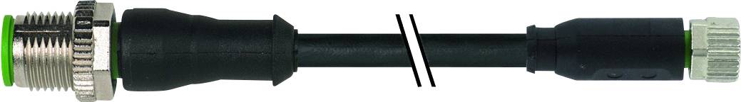 Ein M12-Steckverbinder mit schwarzem Kabel und grünen Dichtungen, geeignet für industrielle Anwendungen oder Automatisierungssysteme.