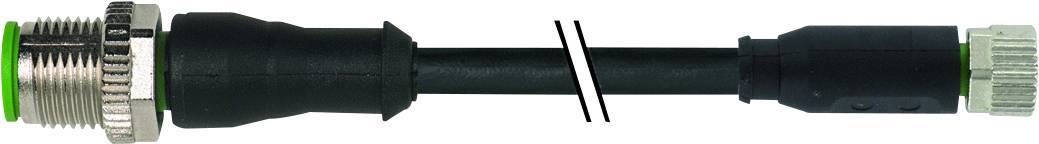 Industrieller Stecker, schwarzes Kabel, mit grünem und silbernem Anschluss. Eignet sich für technische oder elektronische Anwendungen.
