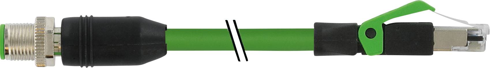 Grünes Netzwerkkabel mit Steckern an beiden Enden, links mit schützender schwarzer Hülle, rechts transparent mit Verriegelungsmechanismus.
