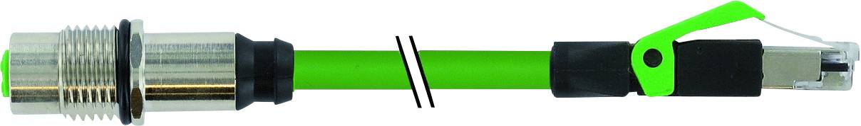 Grünes Kabel mit Steckverbindungen an beiden Enden, eines mit Metallgehäuse, das andere mit schwarzem und grünem Kunststoff.