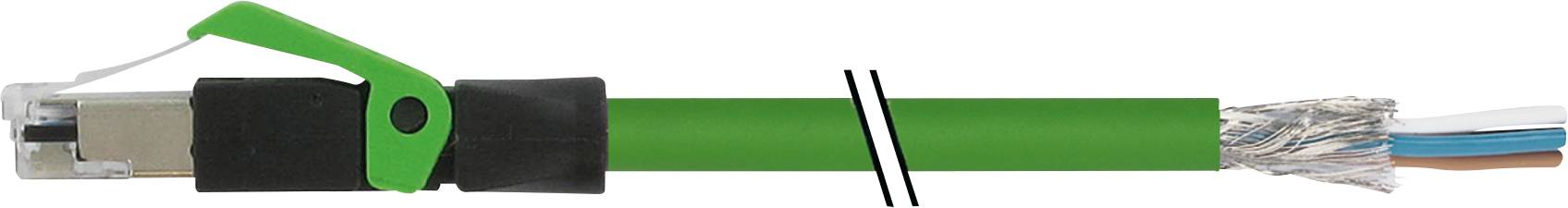 Ein grünes Ethernet-Kabel mit abgeschirmtem Stecker und Kabelclips zur Befestigung.