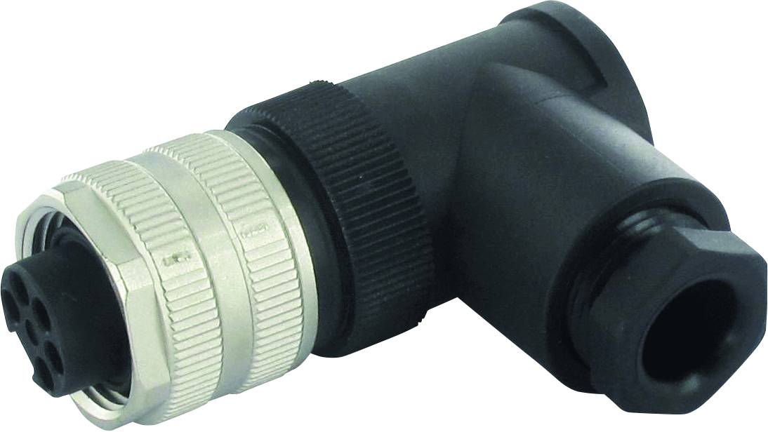 Ein schwarzer L-förmiger elektrischer Stecker mit silbernen Metallgewinden, geeignet für industrielle Anwendungen.