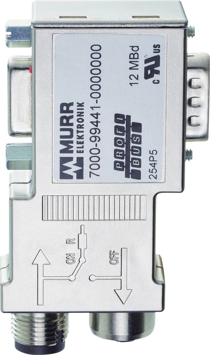 Adapter für Murr Elektronik Profibus. Silbernes Gehäuse mit Stecker und Beschriftungen '12 MbD' und 'ON'/'OFF' Schalter.