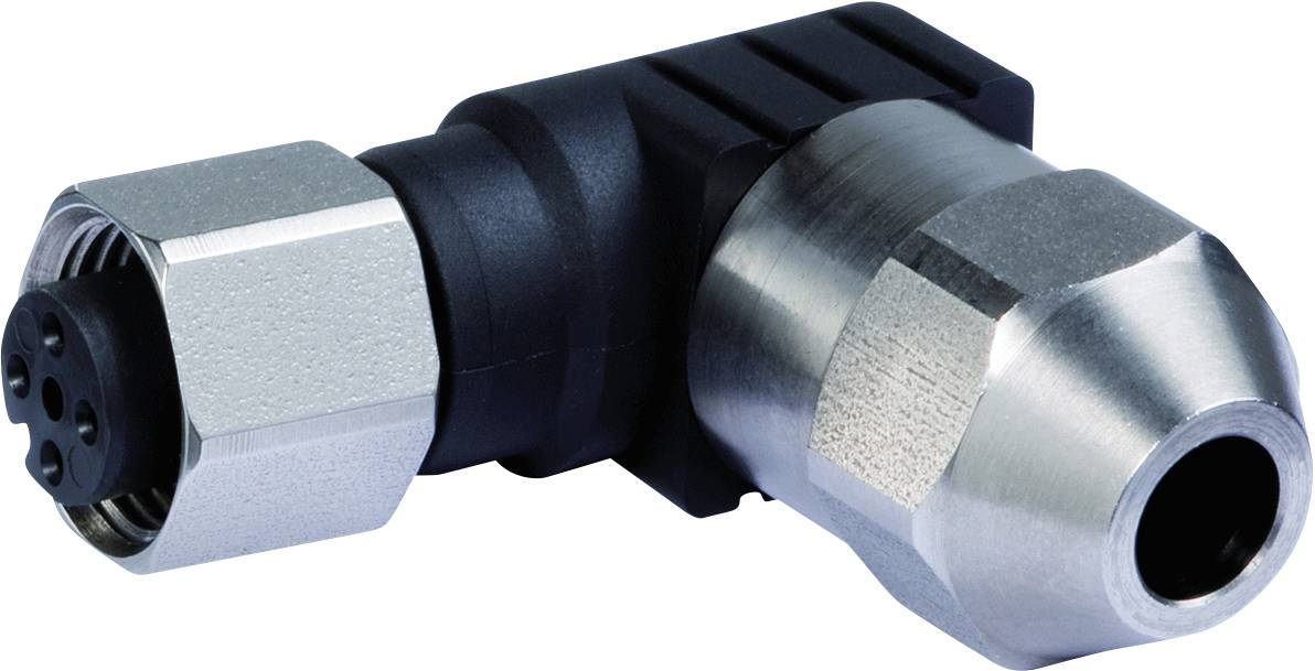 Winkelsteckverbinder aus Metall für Rohre, verwendet in hydraulischen oder pneumatischen Systemen zur Verbindung von Leitungen.