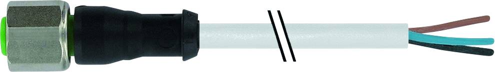 Abbildung eines Elektrokabels mit schwarzem Stecker und freiliegenden Kupferdrähten in braun, blau und grün-gelb am offenen Ende.