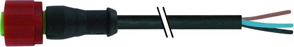 Abbildung eines Kabels mit rotem Stecker und drei freiliegenden Drähten in Braun, Blau und Schwarz.