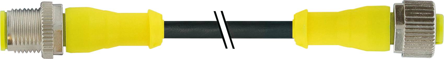 Zwei industrielle gelbe Steckverbinder mit schwarzem Kabel dazwischen, an beiden Enden mit Metallverschraubungen.