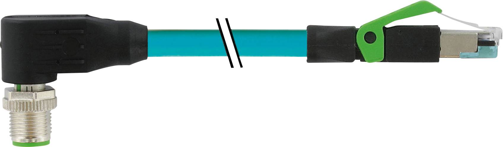 Ein blaues Ethernet-Kabel mit einem schwarzen, rechtwinkligen Stecker auf der linken Seite und einem RJ45-Stecker auf der rechten Seite.