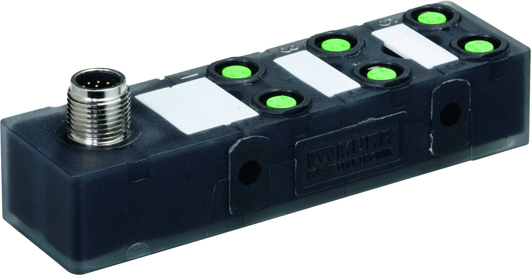 Ein schwarzer Verteilerblock mit grün leuchtenden Anschlüssen und einem Steckeradapter.