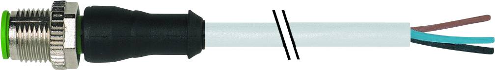 Elektrokabel mit grünem und schwarzem Stecker, verbunden durch ein isoliertes, weißes Kabel, das in drei Adern endet: braun, blau, schwarz.