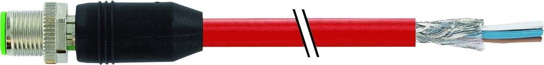 Ein rotes elektrisches Kabel mit schwarzem Stecker und einer silbernen Ummantelung auf der rechten Seite.