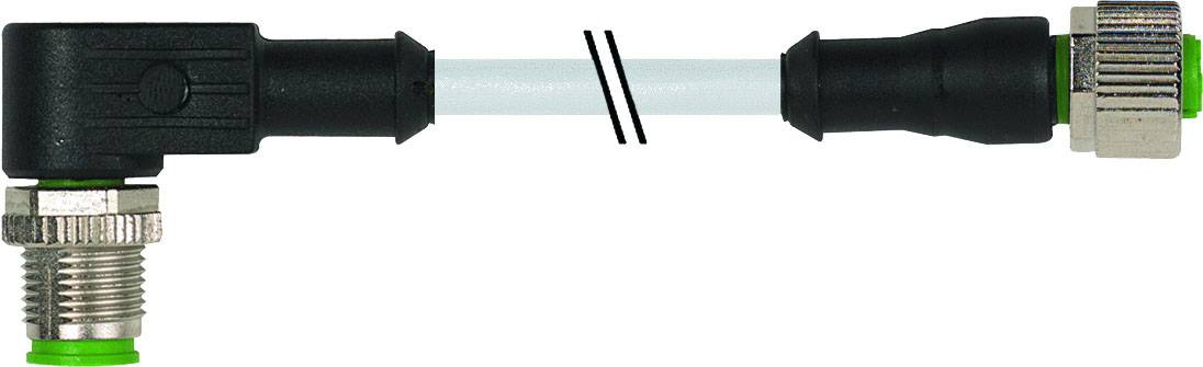 Ein 90-Grad-Winkelanschluss mit schwarzem Kabel und Metallgewinde, verbunden durch einen weißen Draht mit zwei schwarzen Streifen.