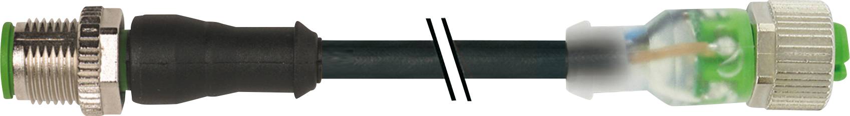 Steckerverbindung: Auf der linken Seite ein Metallgewinde, in der Mitte ein schwarzes Kabel, rechts ein transparenter Steckerkopf mit farbigen Kontakten.