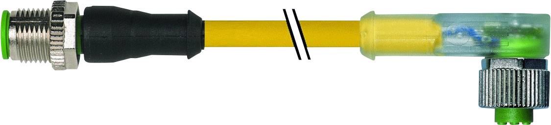 Ein elektrisches Kabel mit einem Metallstecker und einem transparenten, gebogenen Schutzgehäuse für das Ende der Verbindung.