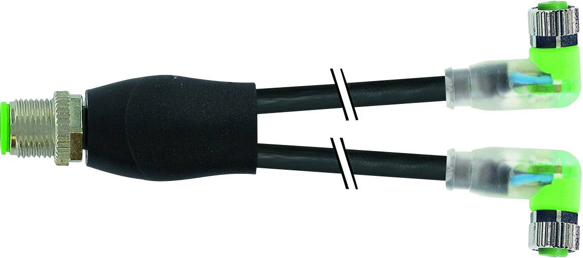Zwei schwarze Kabel, verbunden durch einen Adapter. Links ein Metallstecker, rechts zwei grüne Winkelstecker mit Kunststoffhülsen.