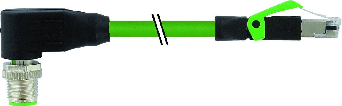 Ein grünes Ethernet-Kabel mit 90-Grad-Winkel und RJ45-Stecker rechts, befestigt an einer Metallverbindung links.