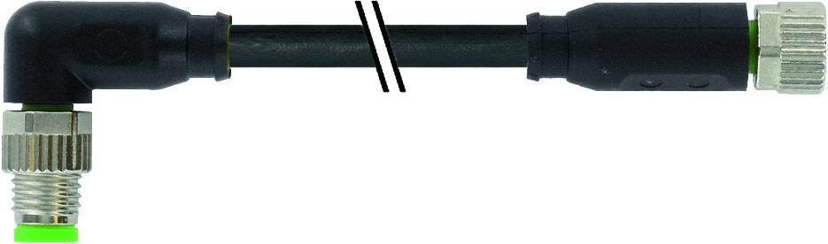 Ein schwarzer, abgewinkelter Rohrverbinder mit grünen Markierungen an beiden Enden und zwei Metallanschlüssen.