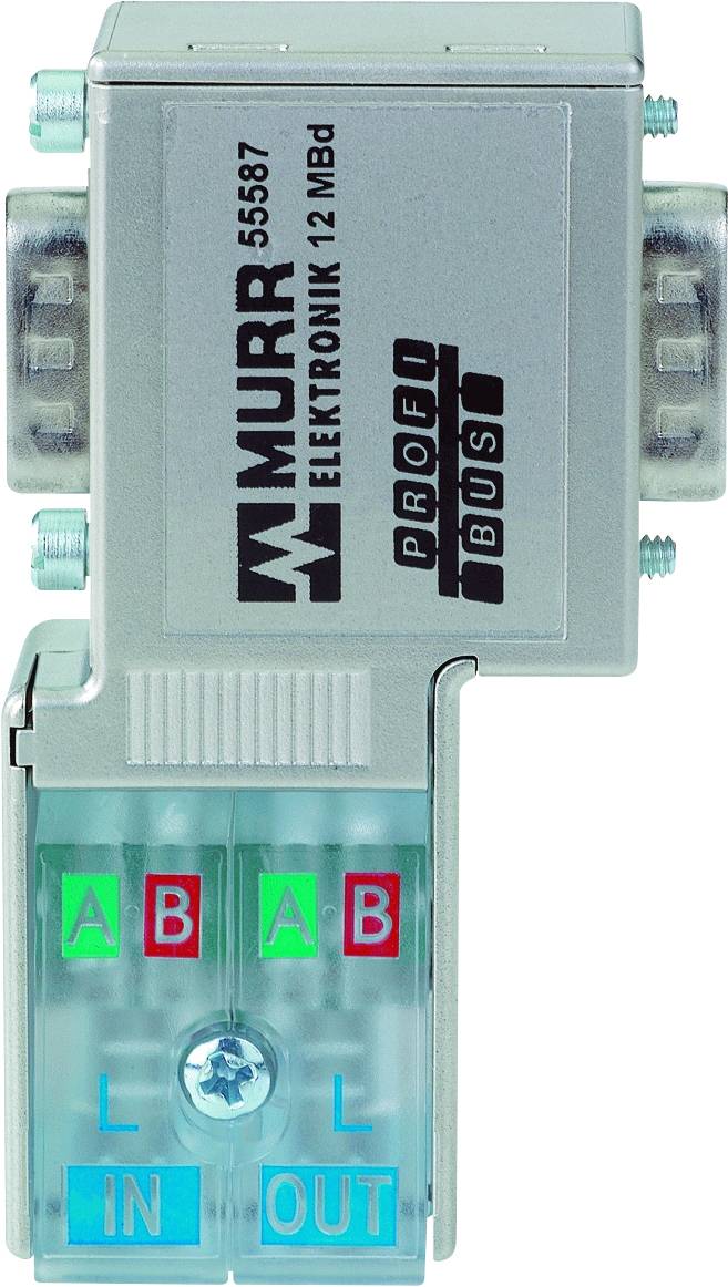 Ein PROFIBUS-Verteiler der Marke MURR mit zwei Anschlüssen und farblich gekennzeichneten LEDs zur Anzeige des Status (A und B).