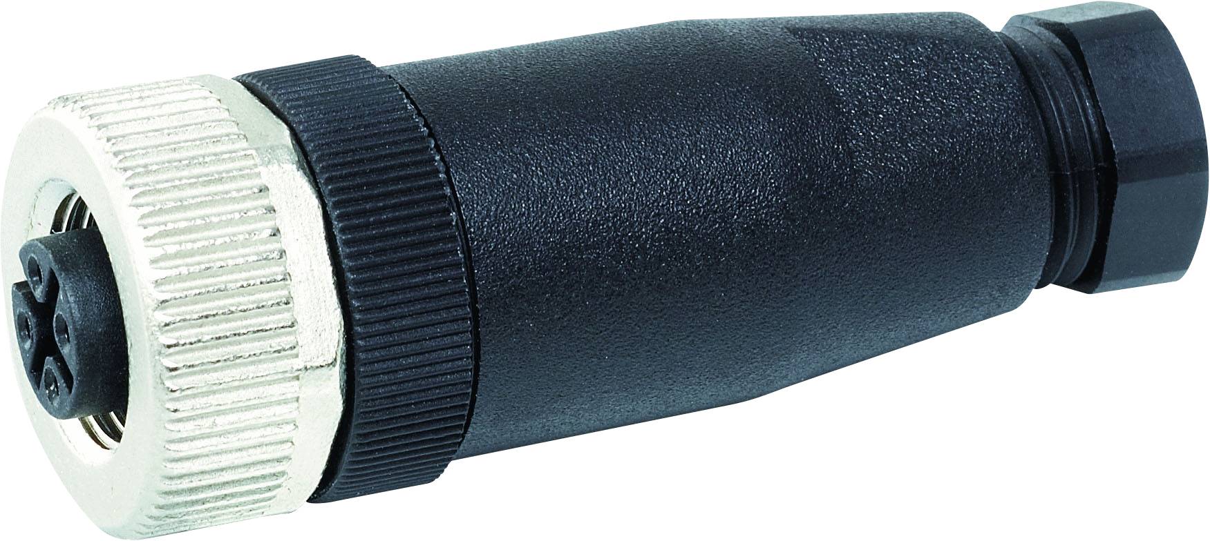 Ein schwarzer elektrischer Steckverbinder mit metallischem Gewindering, geeignet für industrielle Anwendungen.