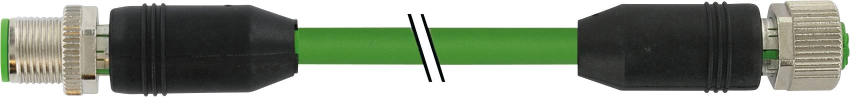 Eine grüne Leitung mit zwei schwarzen Steckern an den Enden und einem silbernen Anschluss auf einer Seite.