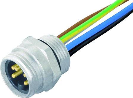 Ein mehrfarbiges elektrisches Kabel mit Metallstecker und fünf Pins, verwendet für elektronische Verbindungen.