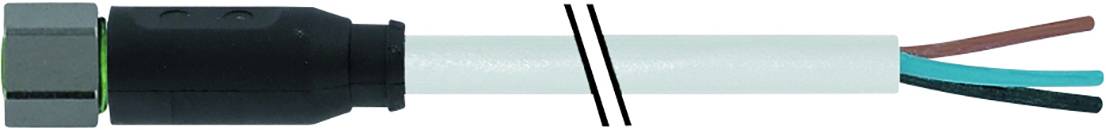 Ansicht eines Elektrokabels mit schwarzem Stecker und drei freiliegenden Drähten in Braun, Blau und Grün unter schwarzer Kappe.